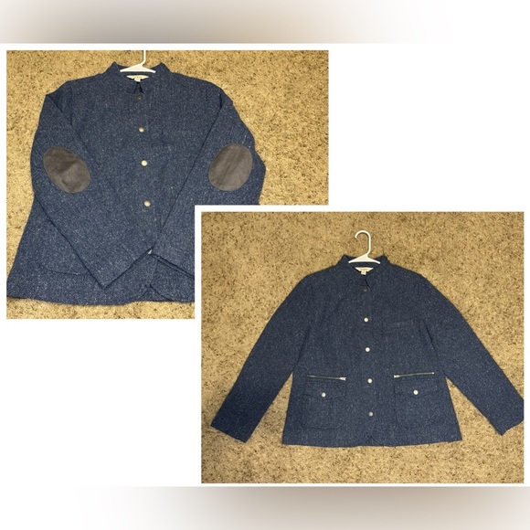 L.L. BEAN Stonington Gray Blue Herringbone Italian Tweed Jacket Elbow Patches L - Picture 1 of 11
